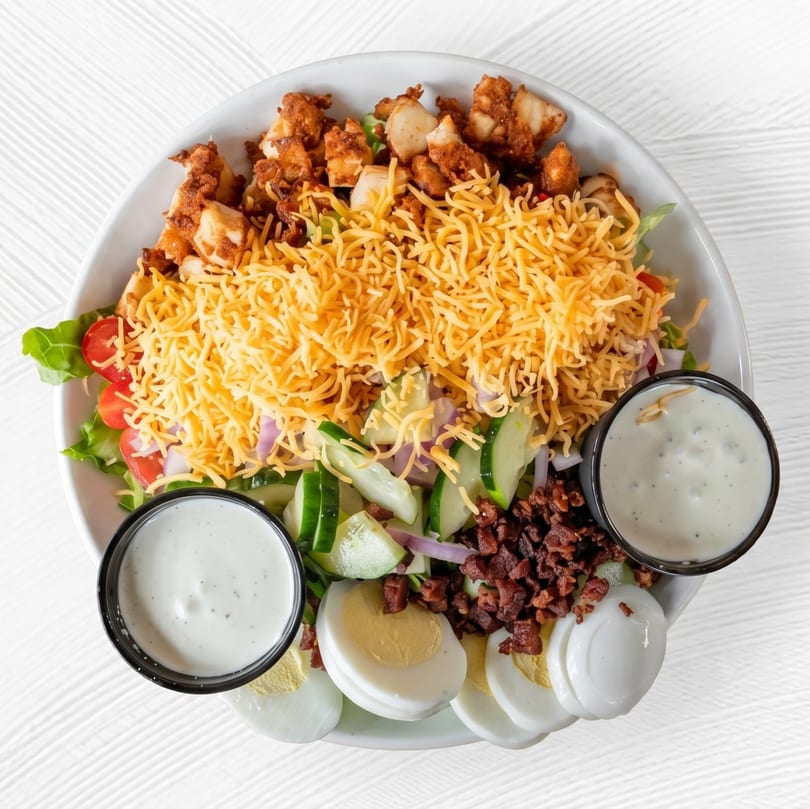 Overhead view of a salad with fried chicken, shredded cheese, bacon, hard-boiled eggs, and two ranch dressings.