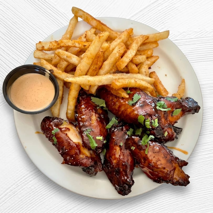 A plate of BBQ chicken wings with cilantro, seasoned french fries, and a side of dipping sauce.