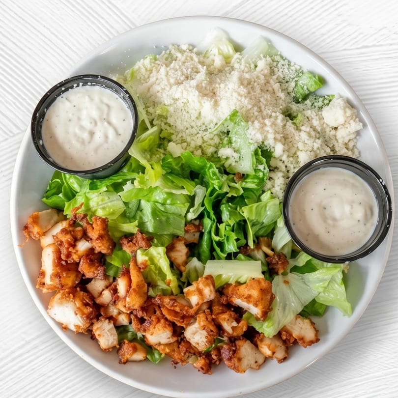 Overhead view of a Caesar salad with crispy chicken, shredded cheese, and two cups of dressing.