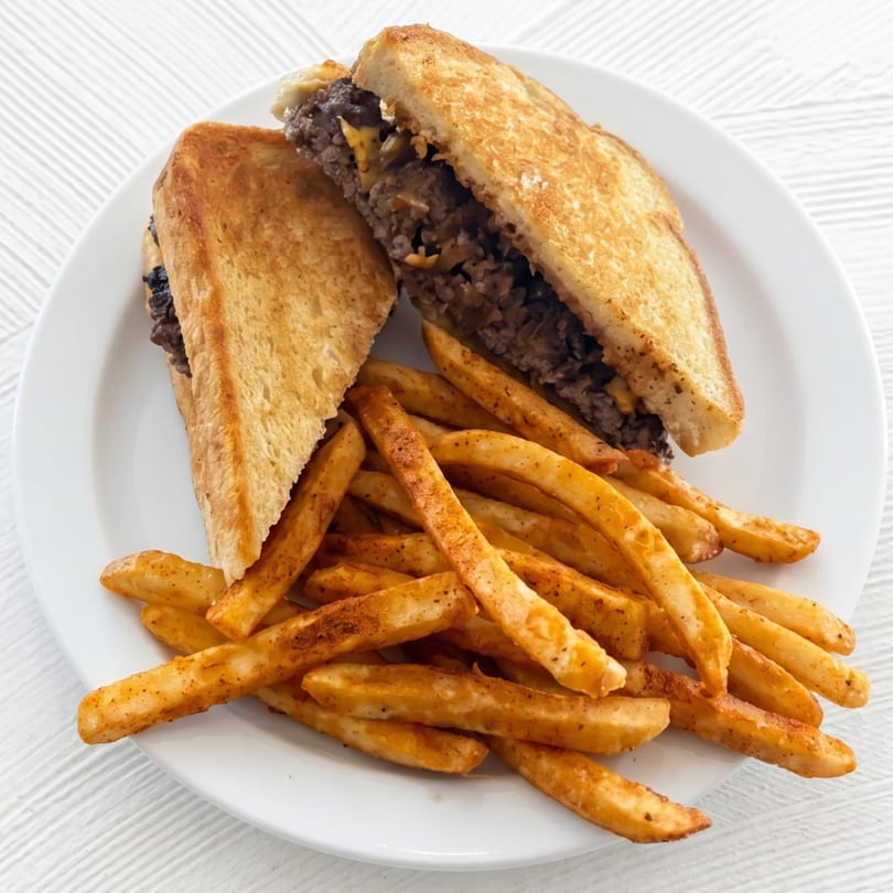 A patty melt sandwich with melted cheese and grilled onions, served with a side of seasoned fries.