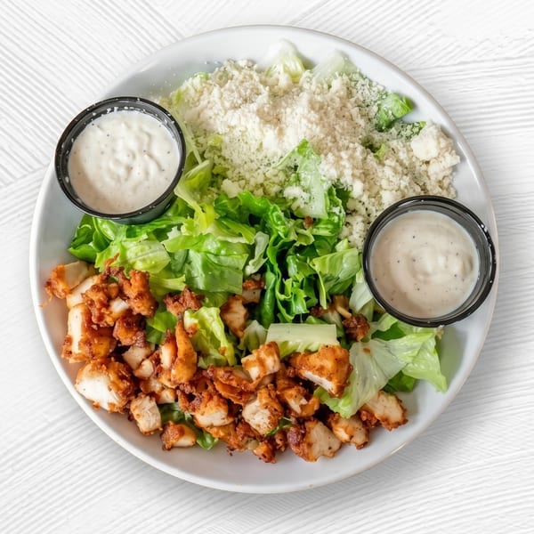 A Caesar salad with crispy chicken, shredded cheese, and two cups of dressing on a white plate.