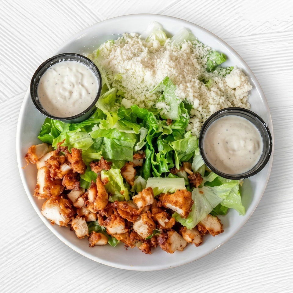 A Caesar salad with crispy chicken, shredded cheese, and two cups of dressing on a white plate.