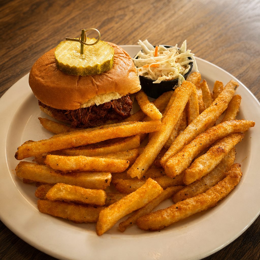 Wednesday - 14-Hour Smoked Pulled Pork Sandwich w/ Coleslaw  and Seasoned Fries.