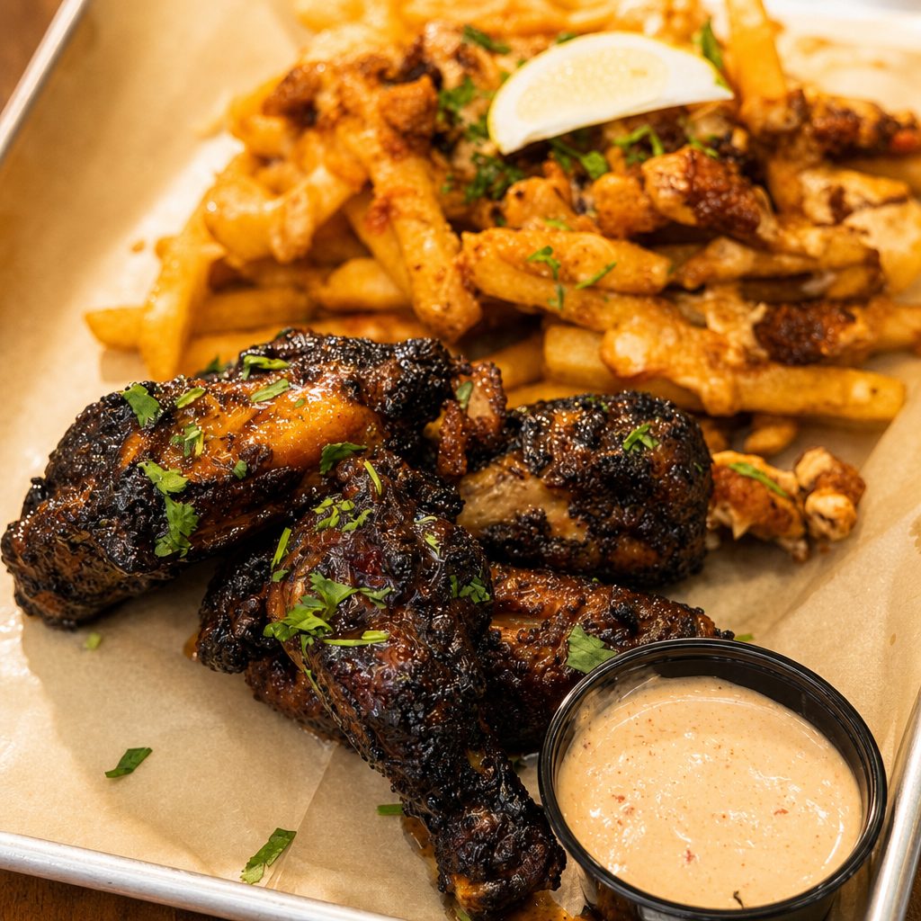 Tuesday - Smoked Chicken Wings and Seasoned Fries.