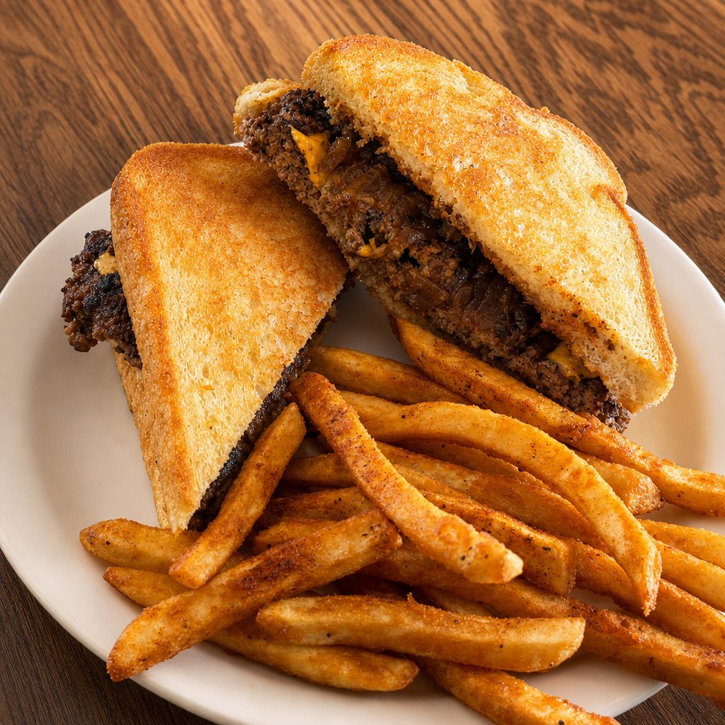 Everyday - Patty Melt w/ Caramelized Onions and Seasoned Fries.